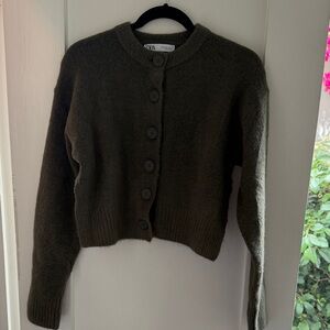 Zara Olive Green Cropped Button-Front Cardigan